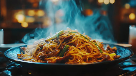A steaming plate of Cantonese-style chow mein with crispy noodles and vegetables.の素材