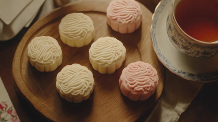 A beautifully arranged mooncake with intricate patterns, served on a wooden board with tea.の素材