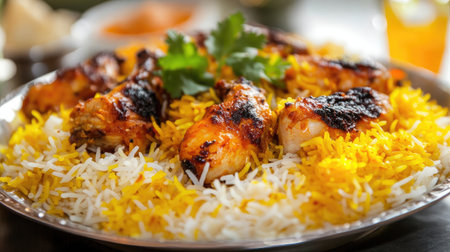 A plate of spicy biryani with fragrant basmati rice, saffron, and tender marinated chicken.の素材