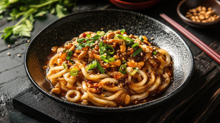A serving of Sichuan dan dan noodles in a flavorful, spicy peanut sauce.の素材