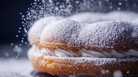 A close-up of a Paris-Brest pastry, filled with praline cream and dusted with powdered sugar.の素材