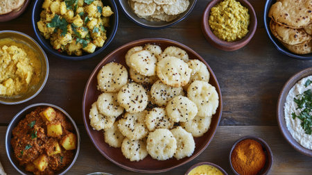 A beautifully arranged Indian breakfast spread with puris, aloo sabzi, and halwa.の素材