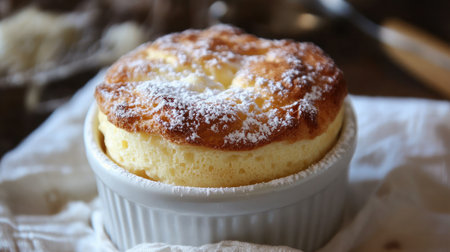 A delicate souffl rising perfectly in a ramekin, dusted with powdered sugar.の素材