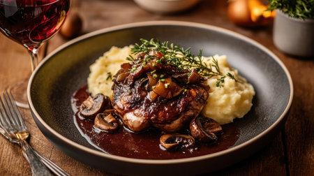 A plate of coq au vin with tender chicken, mushrooms, and red wine sauce, served with mashed potatoes.の素材