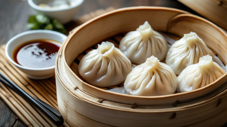 A steaming basket of xiao long bao soup dumplings with dipping sauce and chopsticks on a bamboo mat.の素材