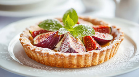 A close-up of a fresh fig tart with almond cream filling, served on a white plate.の素材