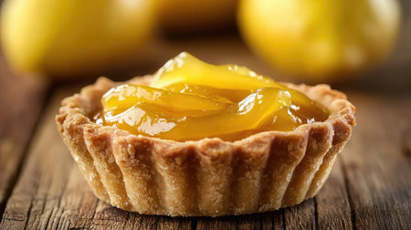 A golden-brown tarte au citron with a glossy lemon curd filling, garnished with candied zest.の素材