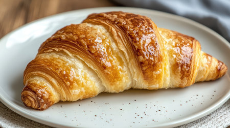 A close-up of a flaky croissant with a golden brown crust, placed on a white ceramic plate.の素材