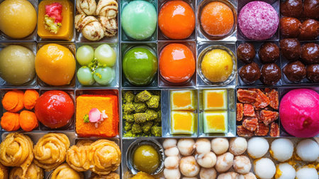 A tray of colorful Indian sweets, including gulab jamun, barfi, and jalebi.の素材