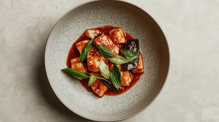 A dish of stir-fried eggplant with garlic sauce in a deep ceramic bowl.の素材