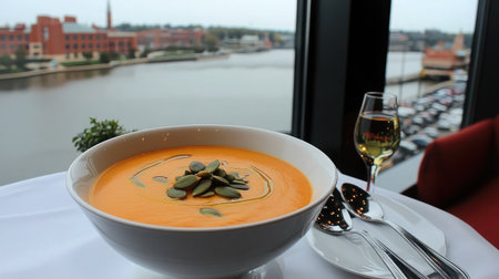 A bowl of creamy butternut squash soup, garnished with pumpkin seeds and a drizzle of olive oil.の素材