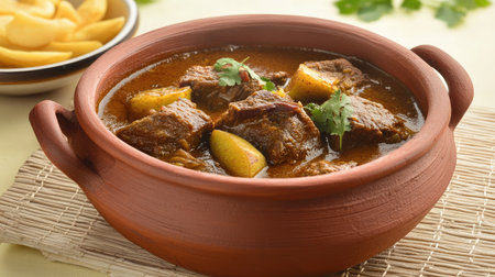 A warm clay pot of slow-cooked goat curry with a rich, spicy gravy.の素材
