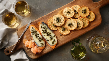 A rustic wooden board with smoked trout, capers, and rye crackers.の素材