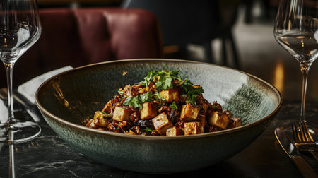 A dish of stir-fried eggplant with garlic sauce in a deep ceramic bowl.の素材