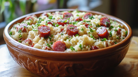 A traditional clay pot filled with Cantonese clay pot rice topped with Chinese sausage.の素材