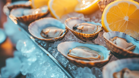 A close-up of freshly shucked clams on ice, served with cocktail sauce and lemon wedges.の素材