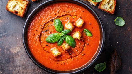 A comforting bowl of dairy-free creamy tomato soup with fresh basil and garlic croutons.の素材