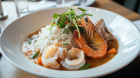A bowl of seafood gumbo with shrimp, crab, and andouille sausage in a rich, spicy broth.の素材