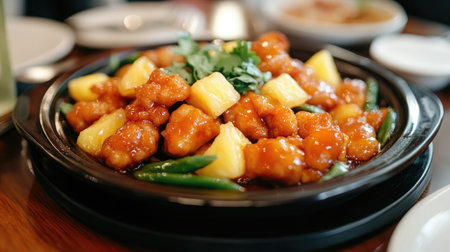A beautifully plated dish of Peking-style sweet and sour pork with pineapple chunks.の素材
