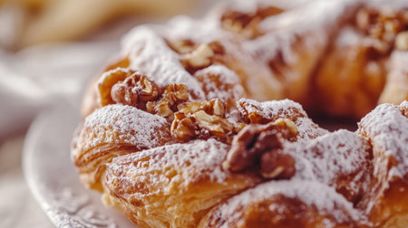 A close-up of a Paris-Brest pastry, filled with praline cream and dusted with powdered sugar.の素材