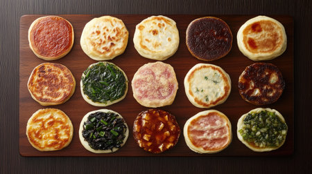 A wooden board with neatly arranged Chinese jianbing savory pancakes with various fillings.の素材