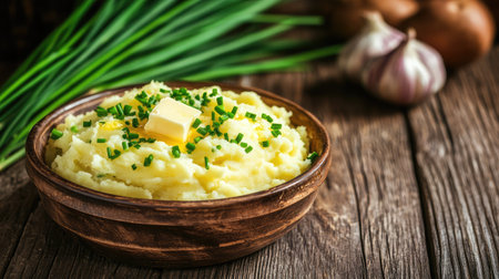 A serving of creamy mashed potatoes with a pat of melting butter and a sprinkle of chives.の素材