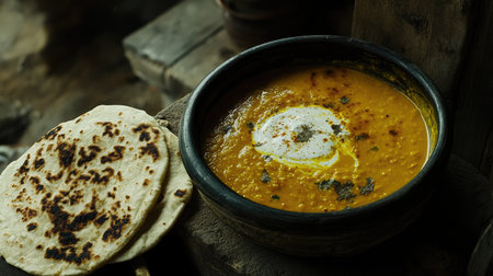 A bowl of creamy dal makhani topped with a swirl of fresh cream and served with tandoori roti.の素材