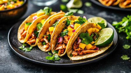 A delicious plate of jackfruit tacos with mango salsa and fresh cilantro.の素材