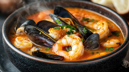 A steaming bowl of bouillabaisse filled with mussels, shrimp, and white fish in a saffron broth.の素材