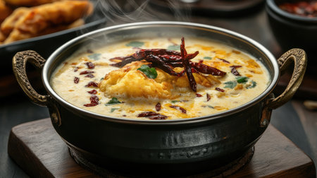 A steaming pot of aromatic kadhi with golden fried pakoras, garnished with dried red chilies.の素材