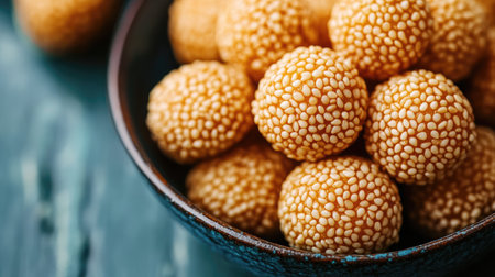 A close-up of golden, crispy sesame balls filled with sweet red bean paste.の素材