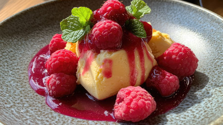A serving of dairy-free cheesecake topped with a raspberry sauce.の素材