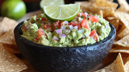A fresh guacamole bowl with diced tomatoes, onions, and lime, surrounded by tortilla chips.の素材