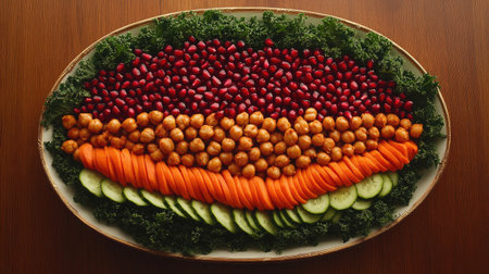A vibrant salad bowl with kale, roasted chickpeas, pomegranate seeds, and tahini dressing.の素材