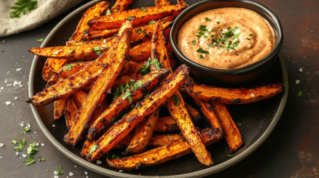 A platter of crispy air-fried sweet potato fries served with a creamy vegan dip.の素材