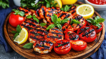 A rustic wooden platter of grilled lobster tails with melted butter, lemon wedges, and fresh herbs.の素材