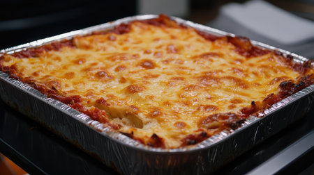 A tray of golden baked eggplant Parmesan with marinara sauce and melted cheese.の素材