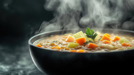 A steaming bowl of lentil soup with carrots, celery, and fresh parsley.の素材