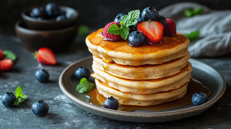 A stack of fluffy vegan blueberry pancakes topped with maple syrup and fresh berries.の素材
