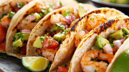 A vibrant seafood taco platter with grilled fish, shrimp, and fresh avocado salsa.の素材