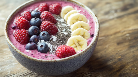 A colorful smoothie bowl topped with banana slices, fresh berries, chia seeds, and coconut flakes.の素材
