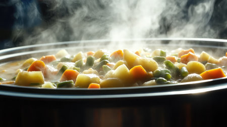 A steaming pot of vegetable stew with hearty chunks of potatoes, carrots, and green beans.の素材