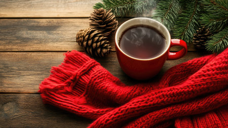 A warm and inviting winter scene showcasing a red mug of hot drink, a knitted scarf, pinecones, and evergreen branches on a rustic wooden table. Perfect for seasonal themes.の素材