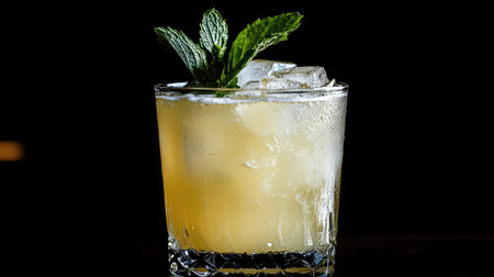 Enjoy a refreshing cocktail featuring mint leaves and ice, presented in a stylish glass. Ideal for summer gatherings or relaxing evenings at home, this drink exudes elegance.の素材