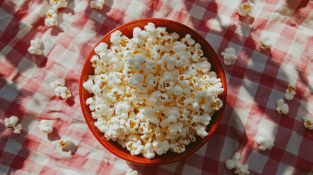 A vibrant bowl of popcorn overflowing on a red and white checked tablecloth, capturing the essence of fun gatherings, perfect for enjoying a movie or sharing with friends.の素材