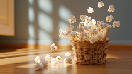 A charming collection of white flowers gently floating above a woven basket, beautifully illuminated by soft sunlight filtering through a window, creating a serene atmosphere.の素材