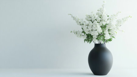 A stunning black vase filled with lush white flowers creates a serene and elegant ambiance, ideal for enhancing modern home decor and inspirational design aesthetics.の素材
