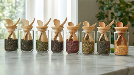 A beautiful arrangement of glass jars filled with vibrant spices and herbs, each paired with a wooden spoon, perfect for enhancing your kitchen style and cooking experience.の素材