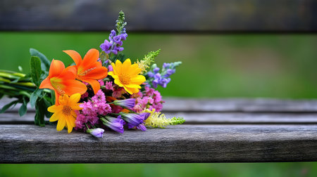 A charming arrangement of colorful flowers featuring orange lilies, yellow daisies, and purple bellflowers resting on a rustic bench, creating a serene and vibrant outdoor scene.の素材