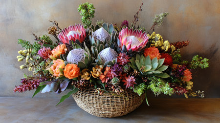 A stunning floral arrangement featuring vibrant protea and various colorful flowers in a woven basket, perfect for home decor and artistic displays in any interior space.の素材